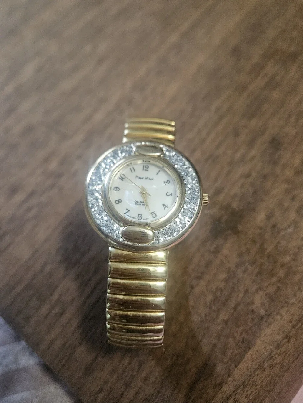 Vintage Pierre Nicol Gold Tone Quartz Stretch Bracelet Watch | Rhinestone Bezel